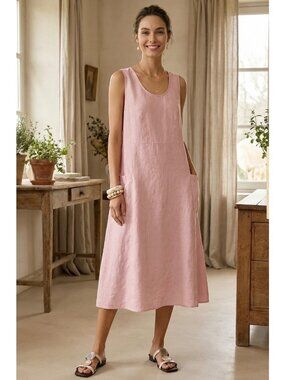 Lintico L Giana Linen Swing Tank Dress Sundress Pink Pockets Midi Lagenlook